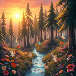 A beautifully illustrated fantasy landscape featuring a lush, enchanted forest with tall, vibrant trees, intricate details of flowers in various colors, and a sparkling stream running through it
