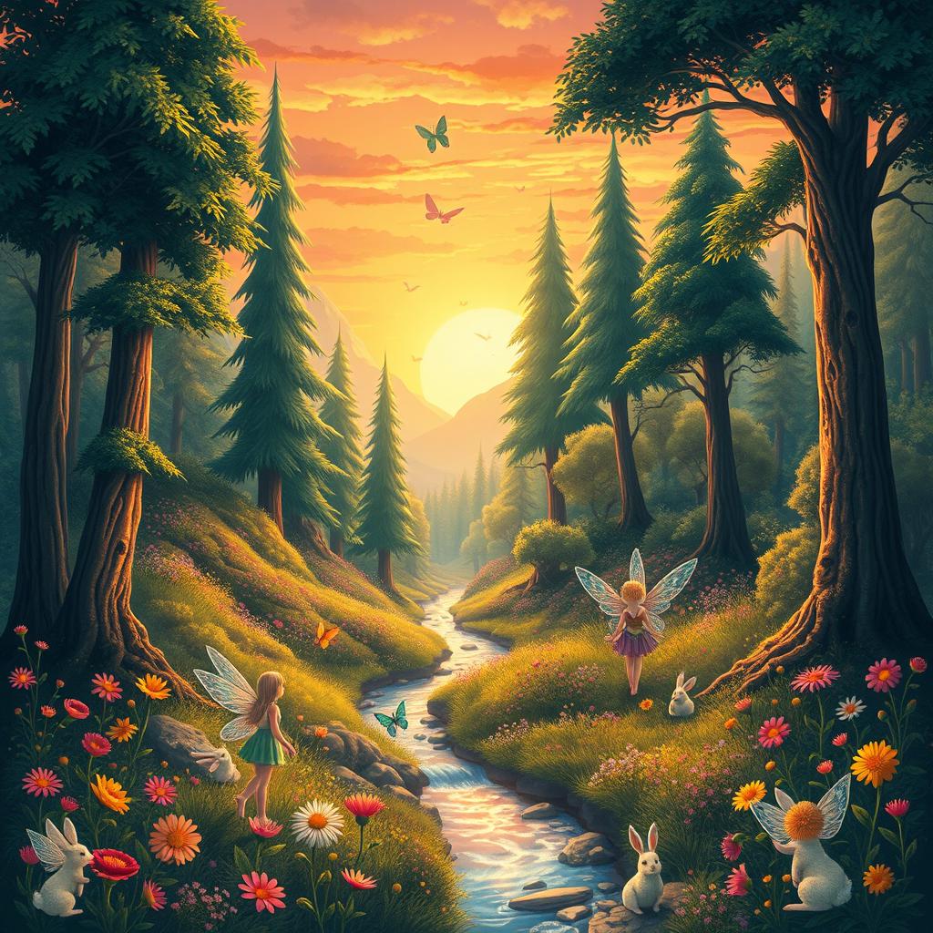 A beautifully illustrated fantasy landscape featuring a lush, enchanted forest with tall, vibrant trees, intricate details of flowers in various colors, and a sparkling stream running through it