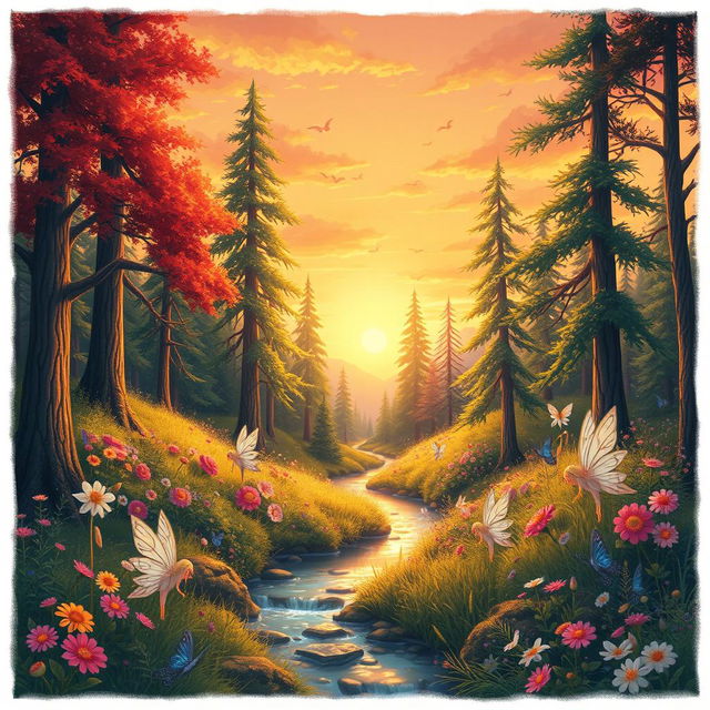 A beautifully illustrated fantasy landscape featuring a lush, enchanted forest with tall, vibrant trees, intricate details of flowers in various colors, and a sparkling stream running through it