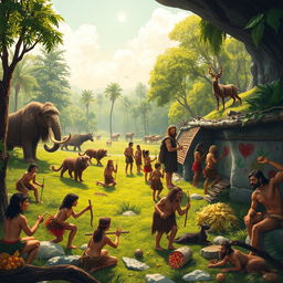 A vibrant and dynamic scene showcasing prehistoric human life