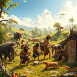 A vibrant and dynamic scene showcasing prehistoric human life