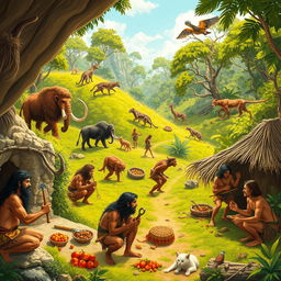 A vibrant and dynamic scene showcasing prehistoric human life