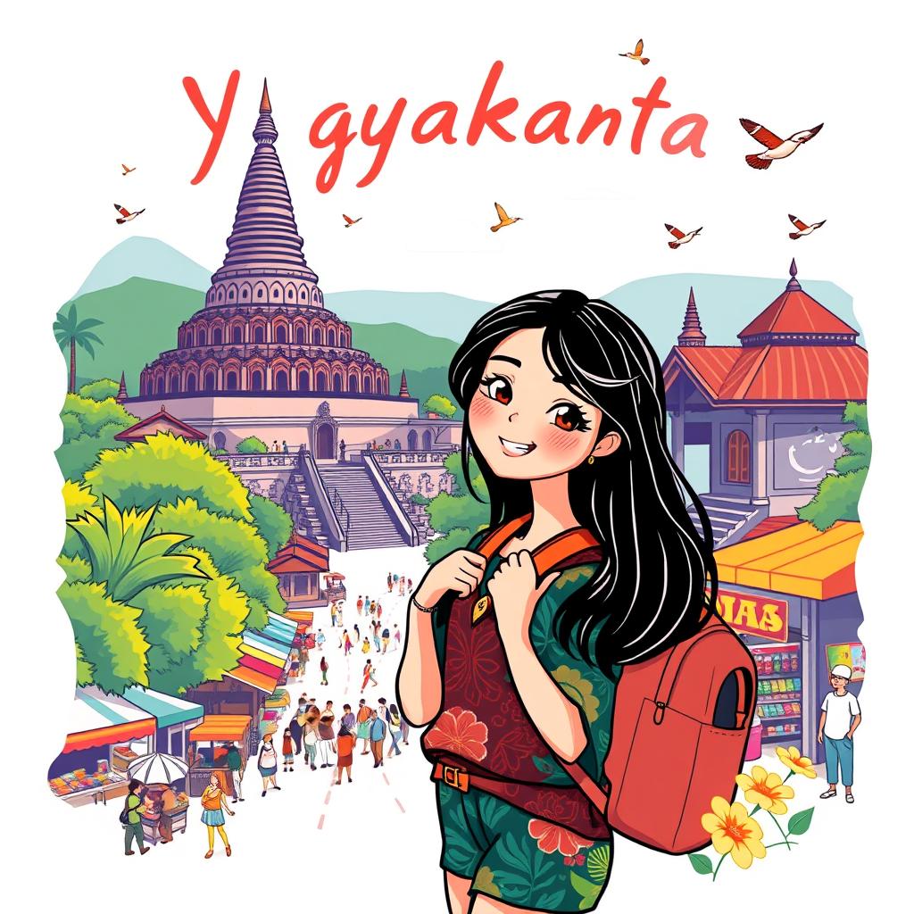 An illustrated T-shirt design featuring a character named Yasmi exploring the vibrant city of Yogyakarta, Indonesia