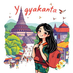 An illustrated T-shirt design featuring a character named Yasmi exploring the vibrant city of Yogyakarta, Indonesia