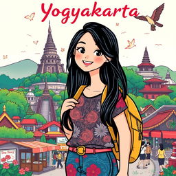 An illustrated T-shirt design featuring a character named Yasmi exploring the vibrant city of Yogyakarta, Indonesia