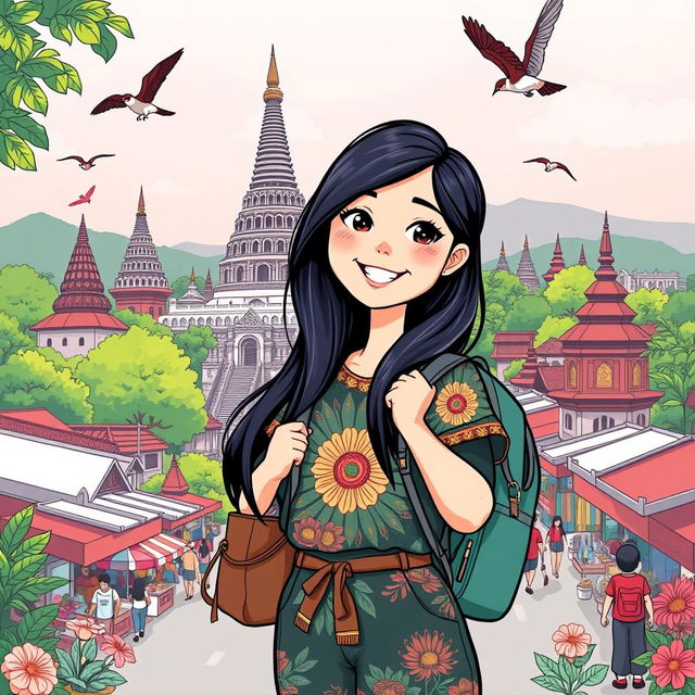 An illustrated T-shirt design featuring a character named Yasmi exploring the vibrant city of Yogyakarta, Indonesia