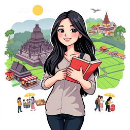 An illustrated T-shirt design for a study tour featuring Yasmi, an enthusiastic young woman with long black hair, dressed in a smart casual outfit and holding books in her hands