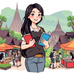 An illustrated T-shirt design for a study tour featuring Yasmi, an enthusiastic young woman with long black hair, dressed in a smart casual outfit and holding books in her hands