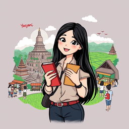 An illustrated T-shirt design for a study tour featuring Yasmi, an enthusiastic young woman with long black hair, dressed in a smart casual outfit and holding books in her hands