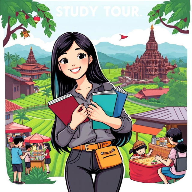 An illustrated T-shirt design for a study tour featuring Yasmi, an enthusiastic young woman with long black hair, dressed in a smart casual outfit and holding books in her hands