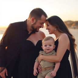 A family photo featuring a baby boy and his parents, all dressed in elegant black dresses