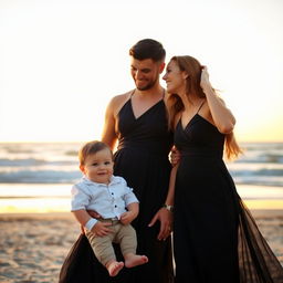 A family photo featuring a baby boy and his parents, all dressed in elegant black dresses