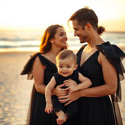 A family photo featuring a baby boy and his parents, all dressed in elegant black dresses