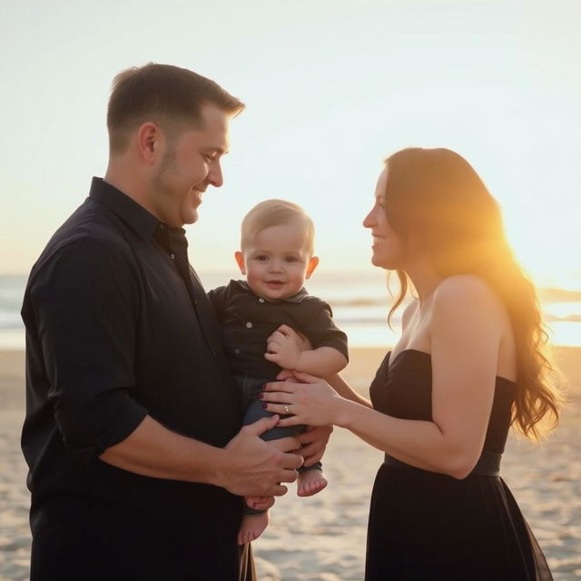 A family photo featuring a baby boy and his parents, all dressed in elegant black dresses