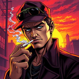 A highly detailed illustration depicting a figure wearing a stylish cap, confidently smoking a cigarette in a dramatic, urban environment