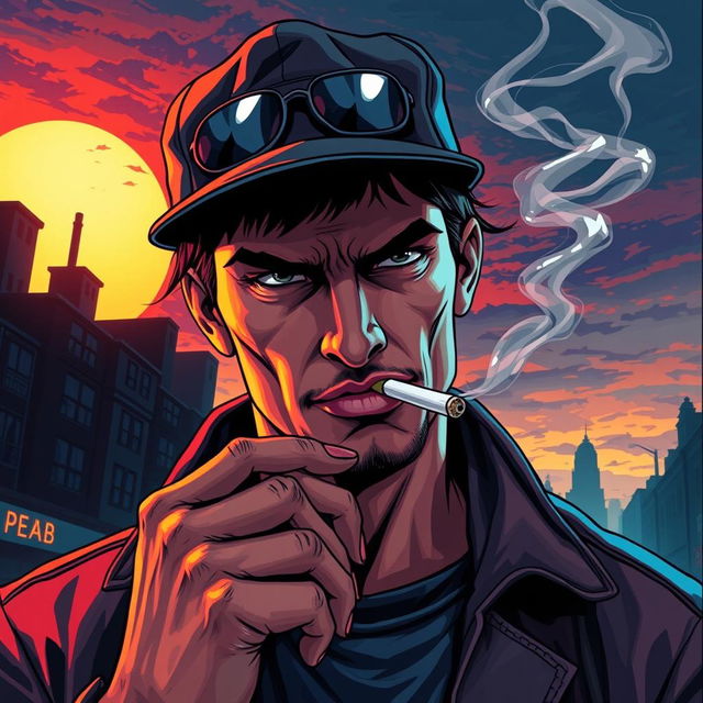 A highly detailed illustration depicting a figure wearing a stylish cap, confidently smoking a cigarette in a dramatic, urban environment