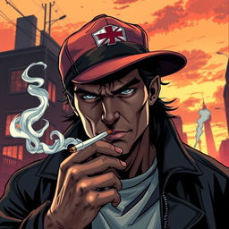 A highly detailed illustration depicting a figure wearing a stylish cap, confidently smoking a cigarette in a dramatic, urban environment