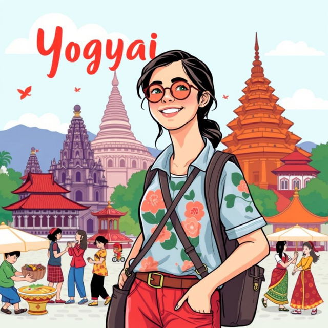 An illustrative T-shirt design featuring Yasmi, an adventurous young woman, embarking on a study tour in Yogyakarta, Indonesia