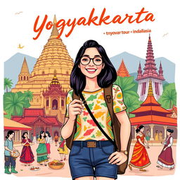 An illustrative T-shirt design featuring Yasmi, an adventurous young woman, embarking on a study tour in Yogyakarta, Indonesia