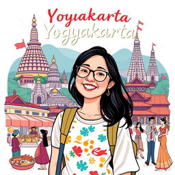An illustrative T-shirt design featuring Yasmi, an adventurous young woman, embarking on a study tour in Yogyakarta, Indonesia