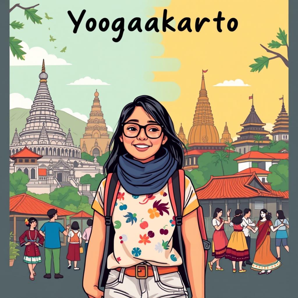 An illustrative T-shirt design featuring Yasmi, an adventurous young woman, embarking on a study tour in Yogyakarta, Indonesia