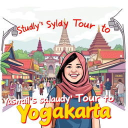A vibrant T-shirt illustration capturing the lively atmosphere of the city of Yogyakarta, featuring colorful street scenes, traditional Javanese architecture, and local cultural elements