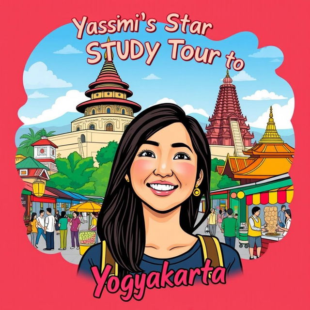 A vibrant T-shirt illustration capturing the lively atmosphere of the city of Yogyakarta, featuring colorful street scenes, traditional Javanese architecture, and local cultural elements