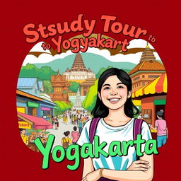 A vibrant T-shirt illustration capturing the lively atmosphere of the city of Yogyakarta, featuring colorful street scenes, traditional Javanese architecture, and local cultural elements