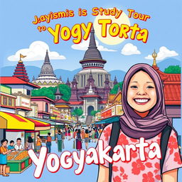 A vibrant T-shirt illustration capturing the lively atmosphere of the city of Yogyakarta, featuring colorful street scenes, traditional Javanese architecture, and local cultural elements