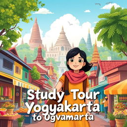 A captivating illustration that encapsulates the vibrant atmosphere of Yogyakarta city, featuring its rich culture and iconic landmarks