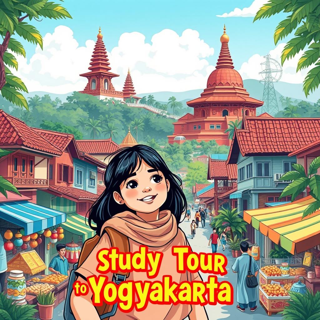 A captivating illustration that encapsulates the vibrant atmosphere of Yogyakarta city, featuring its rich culture and iconic landmarks