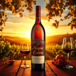 A vibrant and eye-catching label design featuring a bottle of Napa Extra wine, elegantly shaped with intricate details