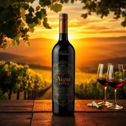 A vibrant and eye-catching label design featuring a bottle of Napa Extra wine, elegantly shaped with intricate details