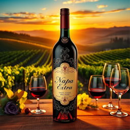 A vibrant and eye-catching label design featuring a bottle of Napa Extra wine, elegantly shaped with intricate details