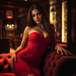 A seductive woman with long flowing hair, wearing a form-fitting, elegant red dress that accentuates her curves