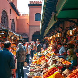 A bustling spice market in Marrakech, colorful stalls filled with vibrant spices and herbs, merchants energetically selling their products, warm sunshine illuminating the scene, customers bartering and enjoying the rich aromas, traditional Moroccan architecture in the background, intricate tile work and ornate lanterns hanging from the stalls