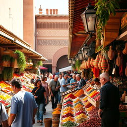 A bustling spice market in Marrakech, colorful stalls filled with vibrant spices and herbs, merchants energetically selling their products, warm sunshine illuminating the scene, customers bartering and enjoying the rich aromas, traditional Moroccan architecture in the background, intricate tile work and ornate lanterns hanging from the stalls