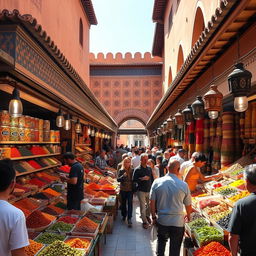 A bustling spice market in Marrakech, colorful stalls filled with vibrant spices and herbs, merchants energetically selling their products, warm sunshine illuminating the scene, customers bartering and enjoying the rich aromas, traditional Moroccan architecture in the background, intricate tile work and ornate lanterns hanging from the stalls