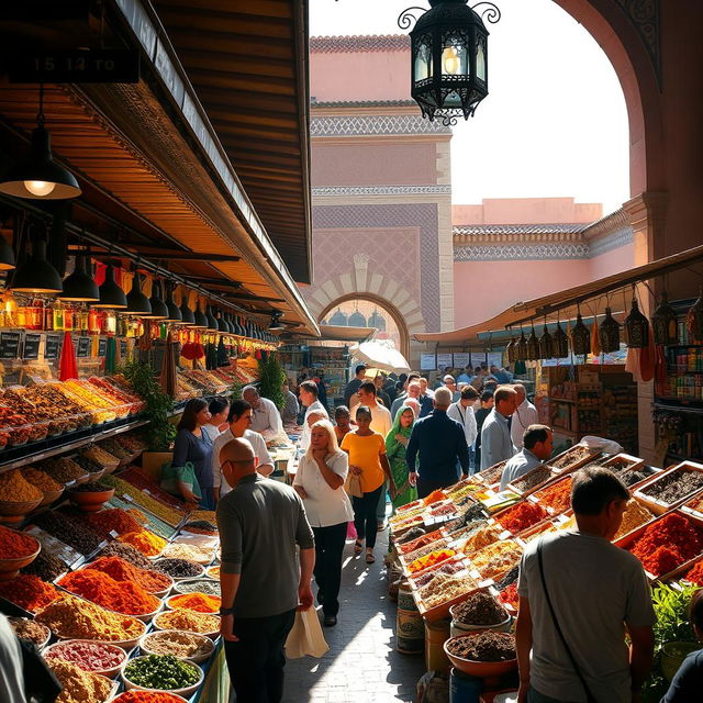 A bustling spice market in Marrakech, colorful stalls filled with vibrant spices and herbs, merchants energetically selling their products, warm sunshine illuminating the scene, customers bartering and enjoying the rich aromas, traditional Moroccan architecture in the background, intricate tile work and ornate lanterns hanging from the stalls