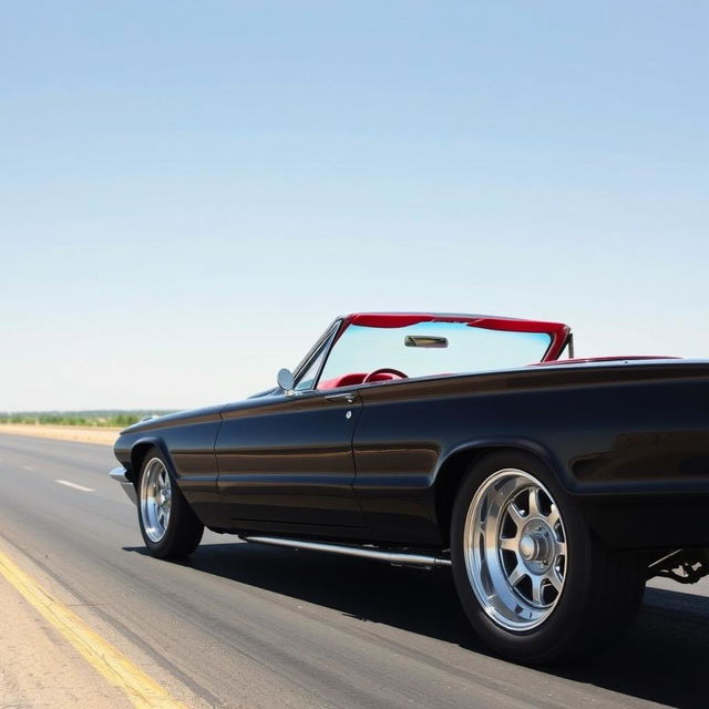 A 1965 black Ford Thunderbird Hotrod drag car with a striking red interior