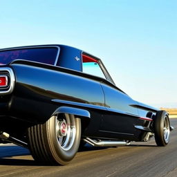 A 1965 black Ford Thunderbird Hotrod drag car with a striking red interior