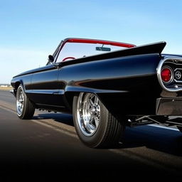 A 1965 black Ford Thunderbird Hotrod drag car with a striking red interior