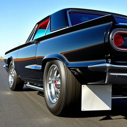 A 1965 black Ford Thunderbird Hotrod drag car with a striking red interior