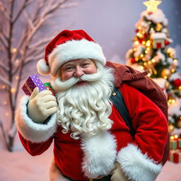 A playful and cheerful Santa Claus dressed in a traditional red and white Christmas costume, complete with a fluffy white beard and a big red hat