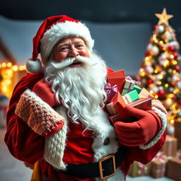 A playful and cheerful Santa Claus dressed in a traditional red and white Christmas costume, complete with a fluffy white beard and a big red hat