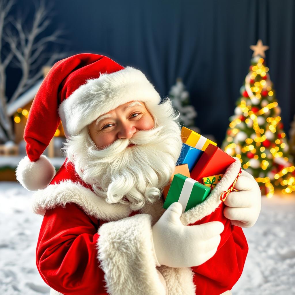 A playful and cheerful Santa Claus dressed in a traditional red and white Christmas costume, complete with a fluffy white beard and a big red hat