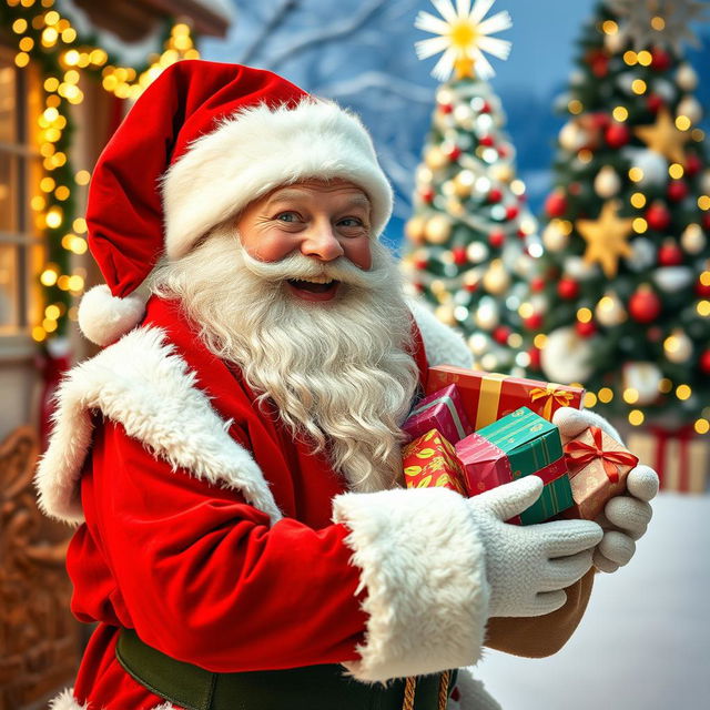 A playful and cheerful Santa Claus dressed in a traditional red and white Christmas costume, complete with a fluffy white beard and a big red hat