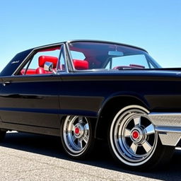 A 1965 black Ford Thunderbird hotrod muscle car, showcasing its sleek, bold lines and powerful stance