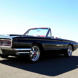 A 1965 black Ford Thunderbird hotrod muscle car, showcasing its sleek, bold lines and powerful stance