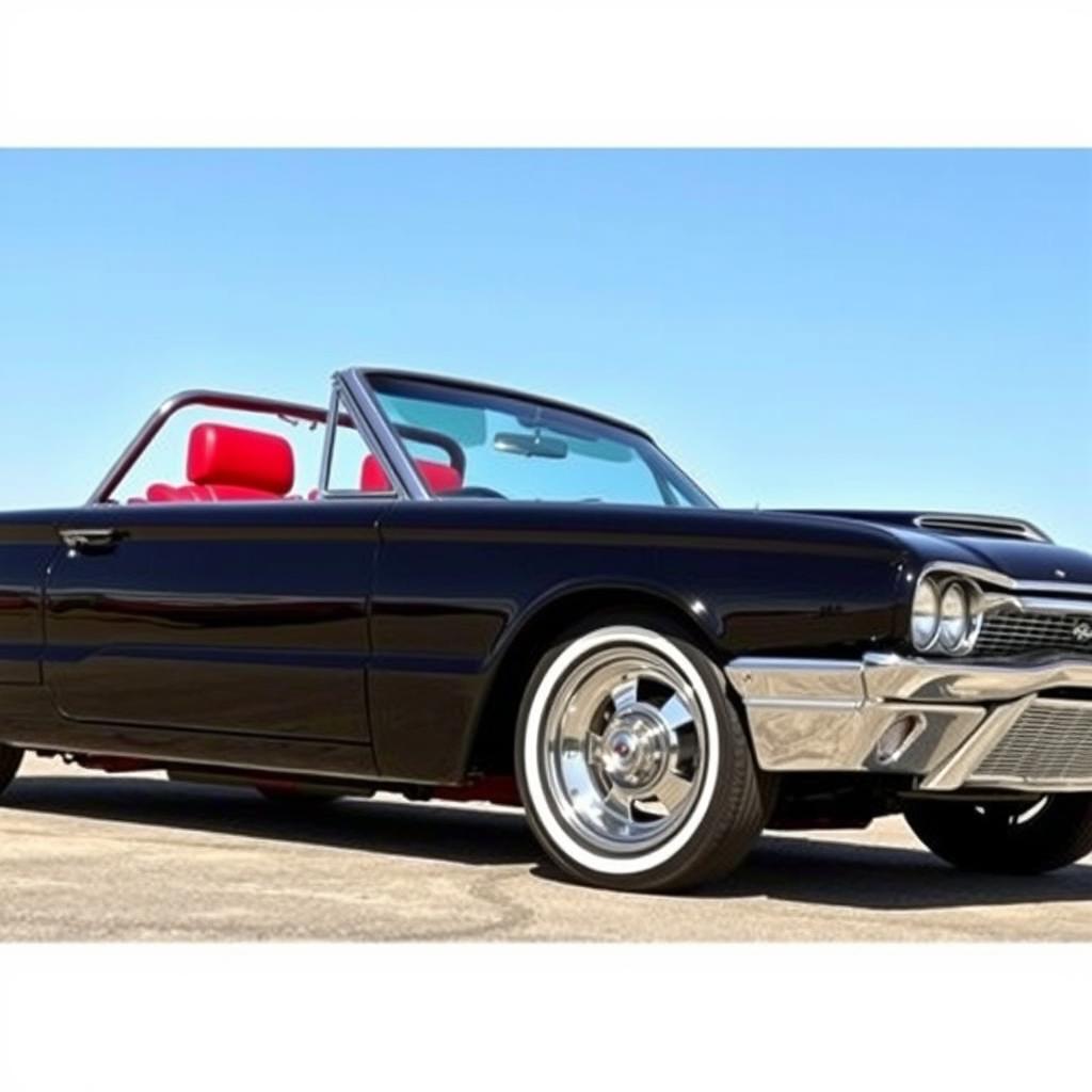 A 1965 black Ford Thunderbird hotrod muscle car, showcasing its sleek, bold lines and powerful stance